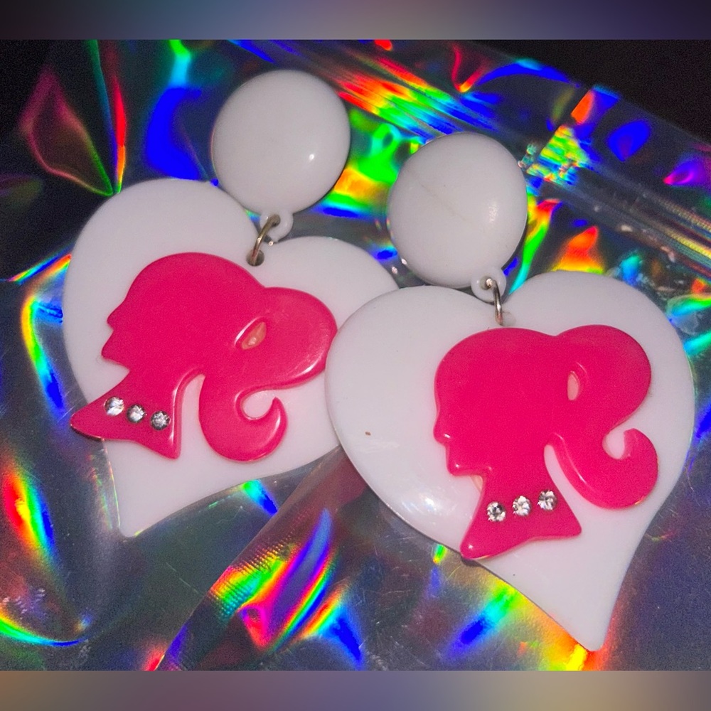 Pink white heart Barbie earrings costume jewelry crystal rhinestone big oversize